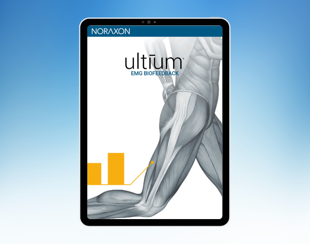 Tablet displaying the Noraxon Ultium EMG Biofeedback interface with a muscle diagram on the screen and a bar chart in the lower left corner.