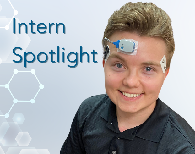 Person wearing a black polo shirt with electronic devices attached to their forehead, next to the words "Intern Spotlight" with a geometric background.