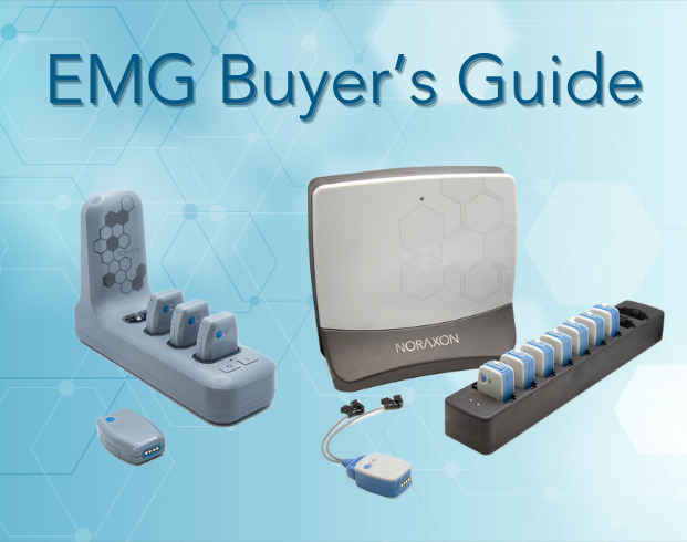 Image of various EMG (Electromyography) devices with the text "EMG Buyer's Guide" displayed at the top. The devices include sensors, a docking station, and a data collection unit.