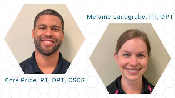 Photos of Cory Price, PT, DPT, CSCS, and Melanie Landgrabe, PT, DPT, with hexagonal borders and their names written beside their images.