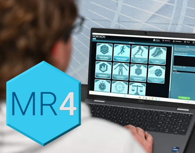 A person using a Dell laptop displaying workflow software. The screen shows various application icons. A hexagon-shaped logo with "MR4" is overlaid on the left side of the image.