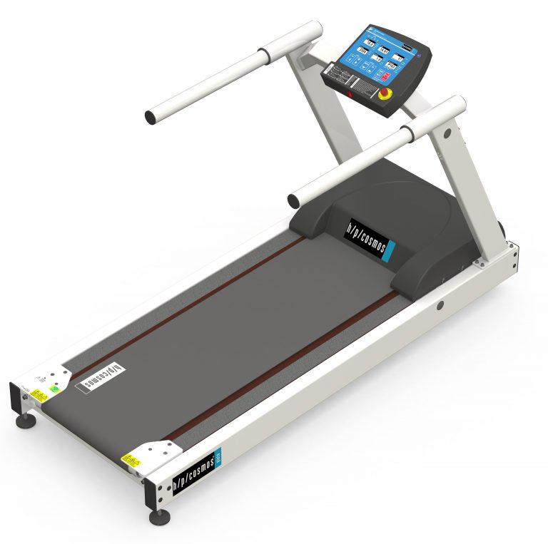 A motorized treadmill with handlebars, an inclined running surface, and a digital display panel for speed, distance, and time settings.