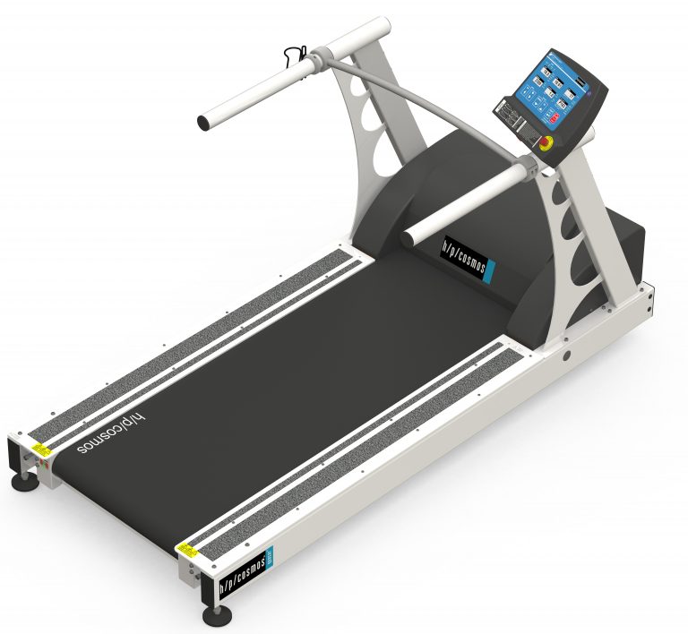 A treadmill with extended handrails, a digital control panel, and a wide running belt on a white background.