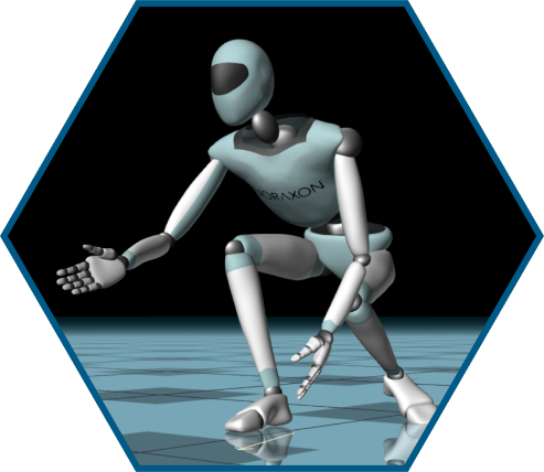 A humanoid robot with a sleek design is crouching on a reflective surface, extending one arm forward. The figure is enclosed in a hexagonal frame. The word "KARAXON" is visible on its chest.