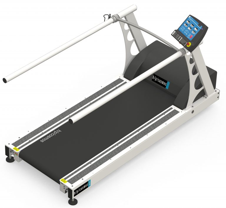 A treadmill with extended handrails, featuring a digital display panel and control buttons.