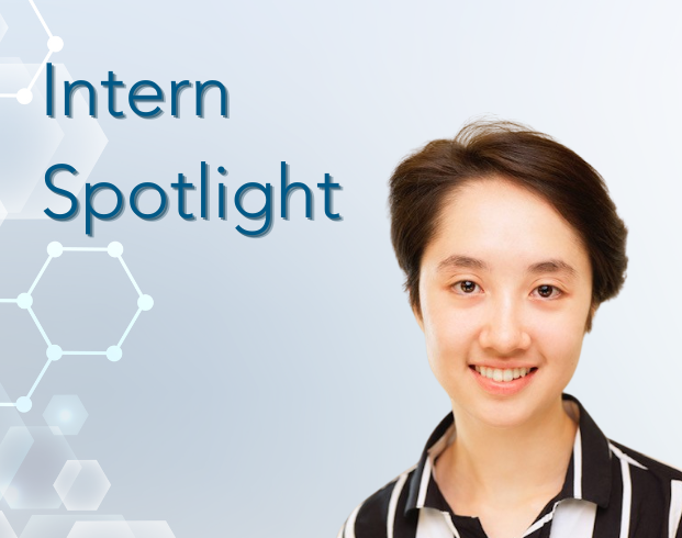 A person with short hair smiling, next to the text "Intern Spotlight" on a gradient background with abstract hexagonal shapes.