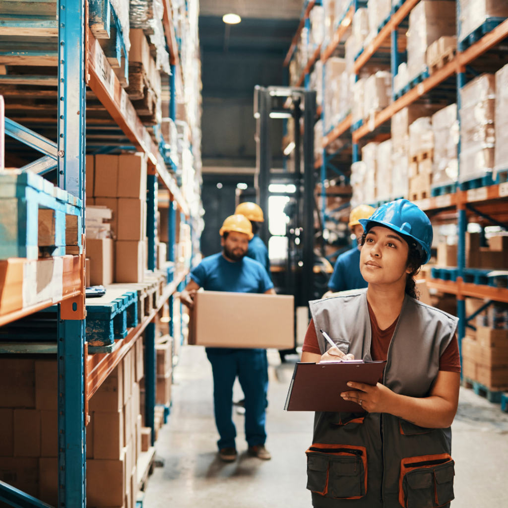 Warehouse workers wearing safety gear, one holding a clipboard and writing, while others carry boxes, with shelves of stocked goods in the background.