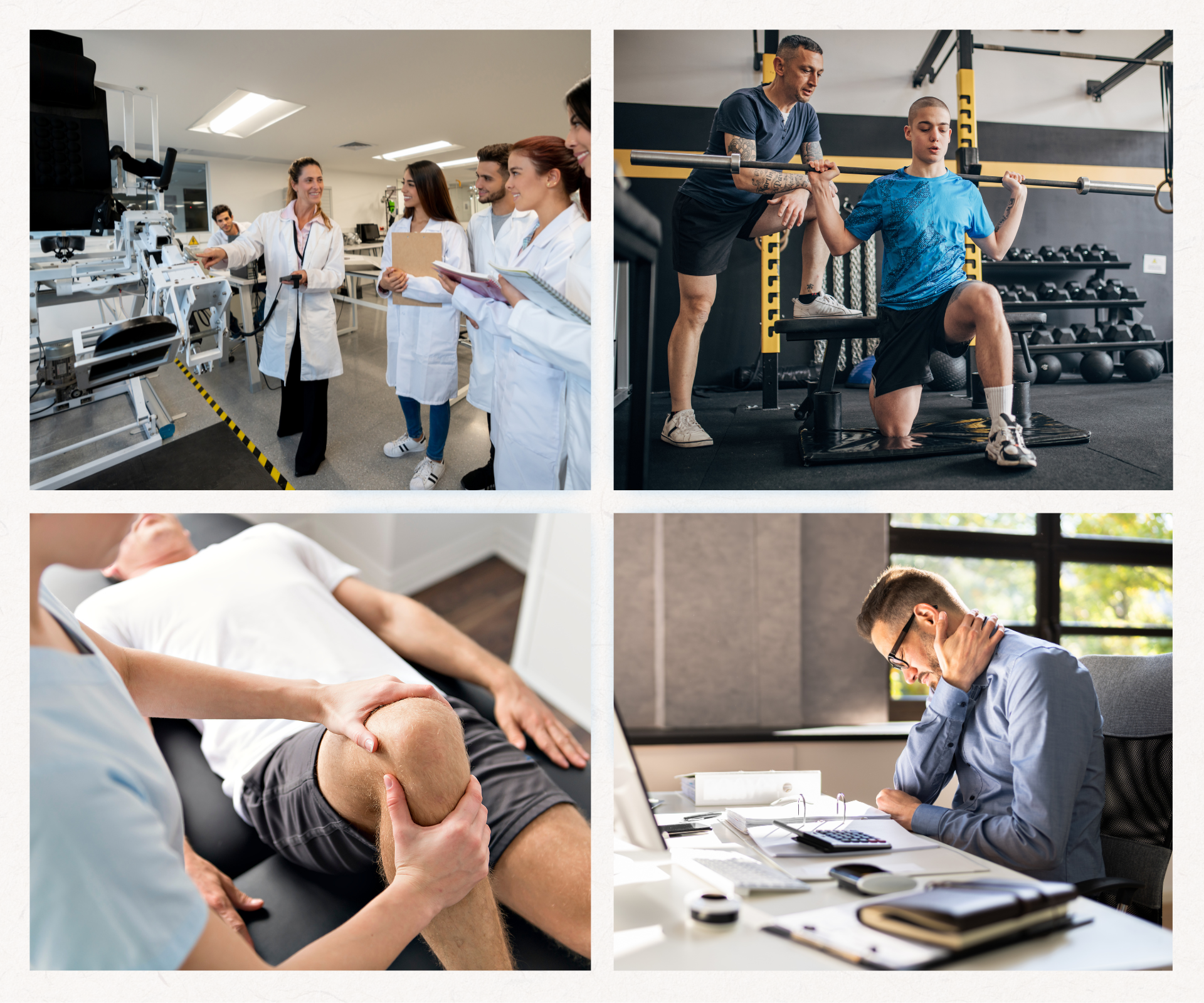 A collage of images showing various aspects of rehabilitation: lab workers in white coats, a trainer assisting a man in the gym, a person receiving knee therapy, and a man working at a desk.