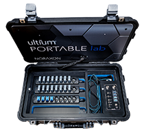 A portable lab case containing multiple rows of equipment, labeled 