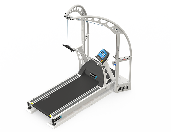 A high-tech treadmill with an adjustable harness system, large touchscreen display, and sturdy frame designed for gait training or rehabilitation exercises.