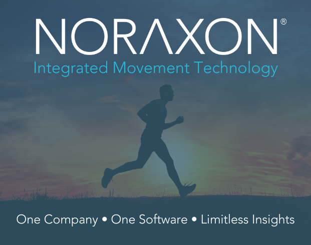 Silhouette of a person running with a sunset background. Text reads "NORAXON Integrated Movement Technology" and "One Company • One Software • Limitless Insights.