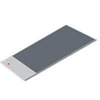 A flat, rectangular electronic device with a gray screen and a white bottom edge featuring a small red button, resembling the design of a pressure plate.