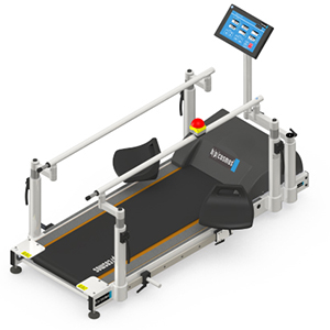 A medical treadmill equipped with handrails, a seat, and a monitor for controlled physical therapy or rehabilitation exercises.