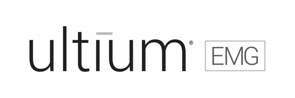 Logo of ultium EMG with the word "ultium" in lowercase, modern font, and "EMG" in uppercase letters within a rectangular border to the right.