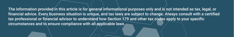 Disclaimer text on a blue background with geometric shapes, stating that the information provided is for general informational purposes and is not tax, legal, or financial advice, recommending consultation with a certified tax professional or financial advisor.