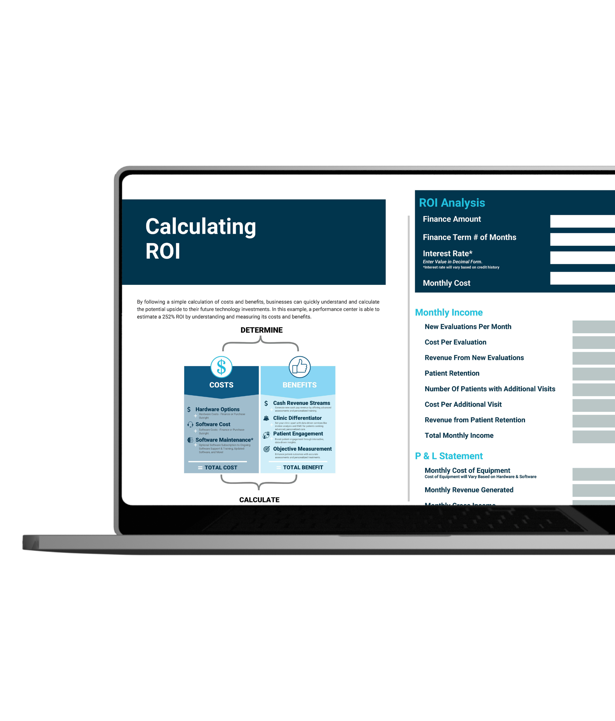 A laptop screen displaying an ROI calculation tool for clinics. The left side shows a section titled 'Calculating ROI,' featuring a breakdown of 'Costs' (hardware options, software costs, software maintenance) and 'Benefits' (cash revenue streams, clinic differentiator, patient engagement, objective measurement). The right side includes fields for ROI analysis inputs, such as finance amount, term, interest rate, monthly cost, and monthly income projections.