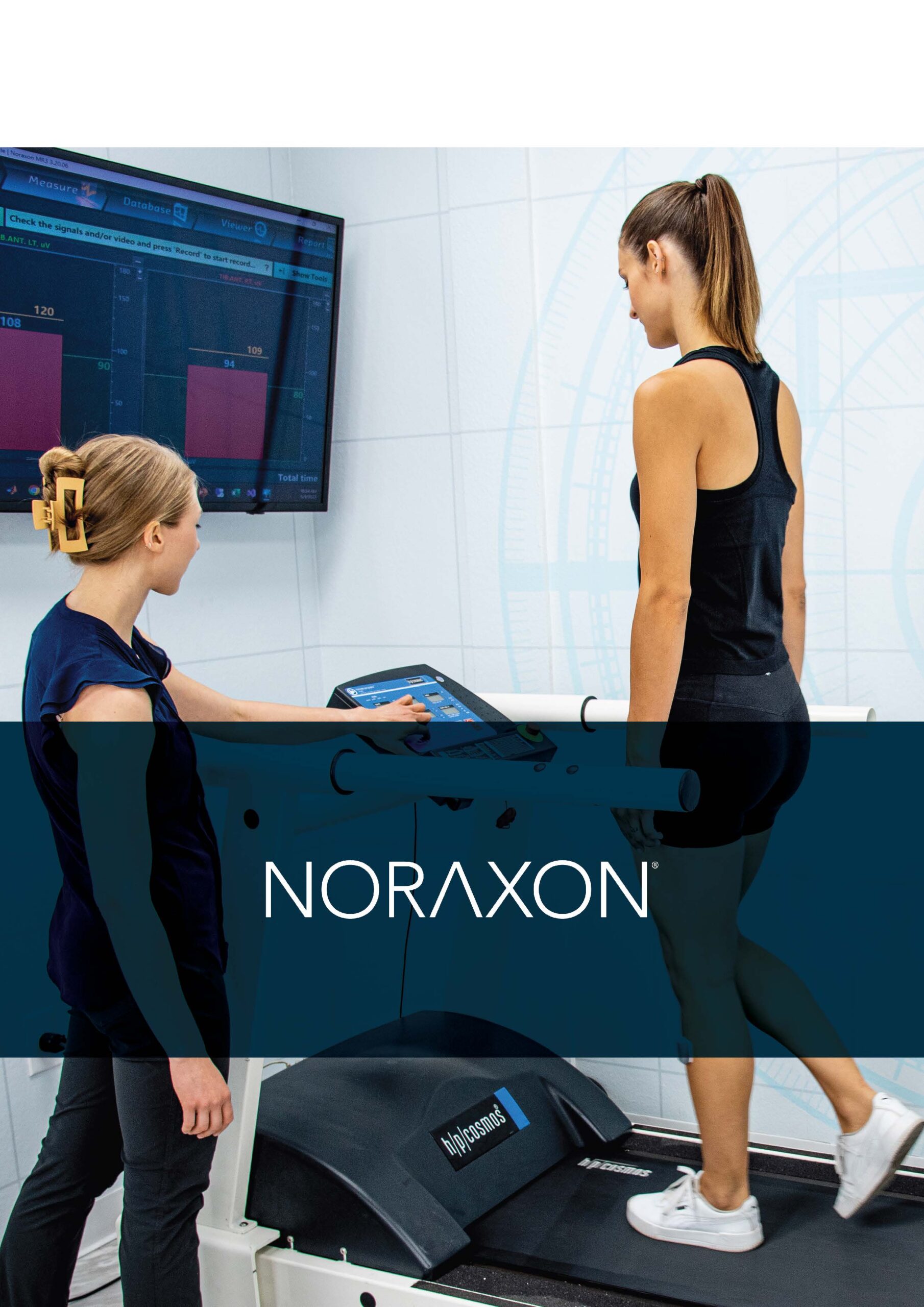 A clinician operating the control panel of a treadmill while a patient walks on it. The treadmill is equipped with advanced biomechanical technology, and data is displayed on a monitor in the background. The image features the Noraxon logo prominently across the lower section.